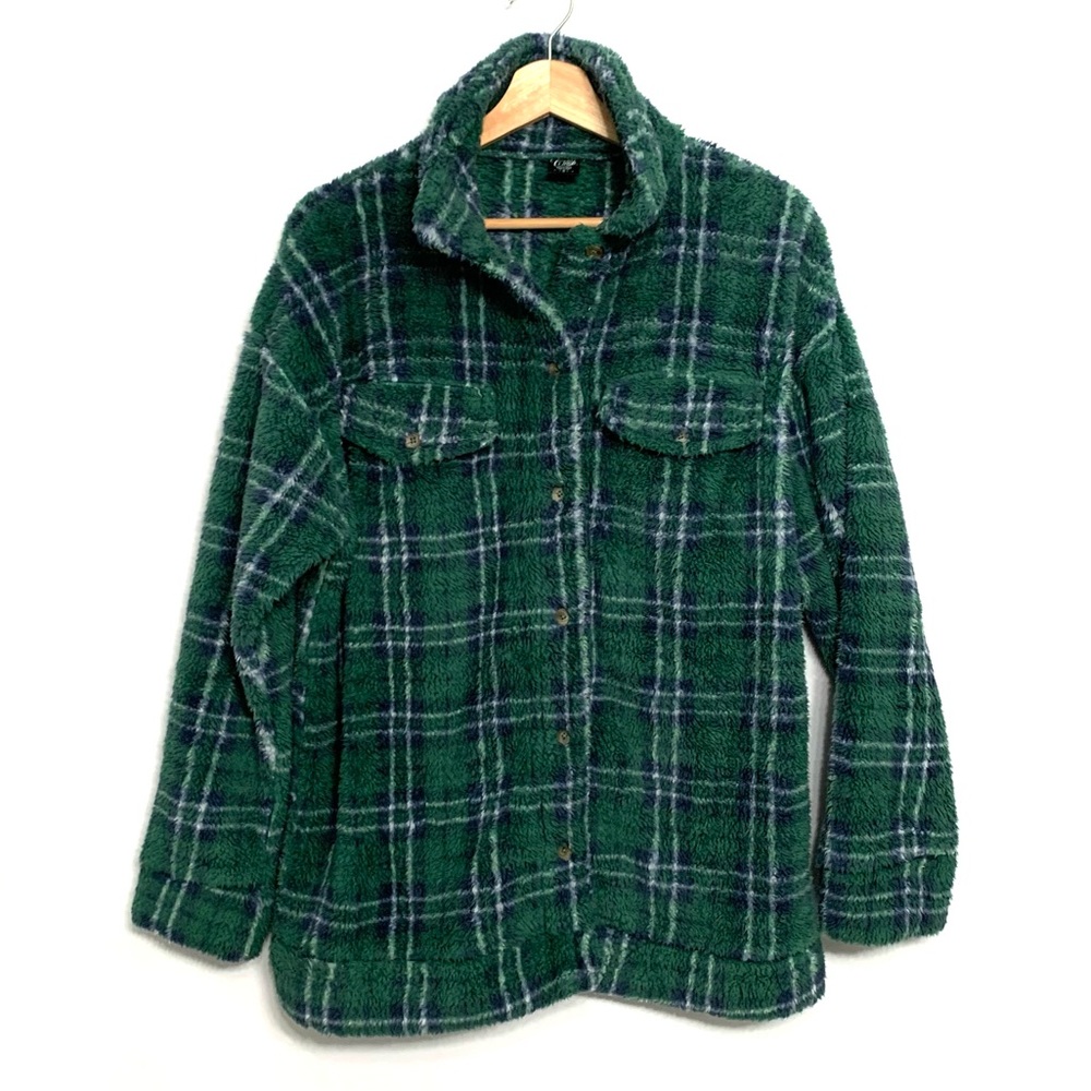 Oversized Plaid Shirt Jacket Shacket Small Grunge Cold Rush Green Sherpa Lining